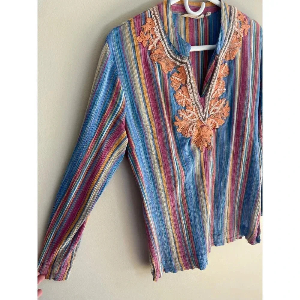 Soft Surroundings Colorful Embroidered V-Neck Bohemian Tunic Top Size Medium - Picture 6 of 12